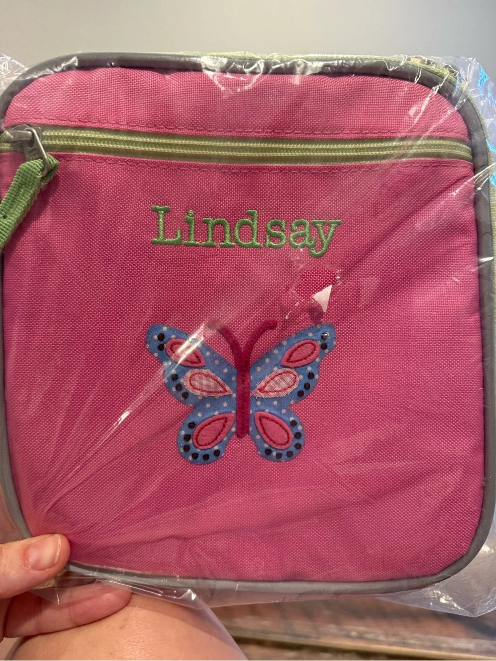 Pottery Barn Kids Pink Butterfly Lunch Bag with Green Trim